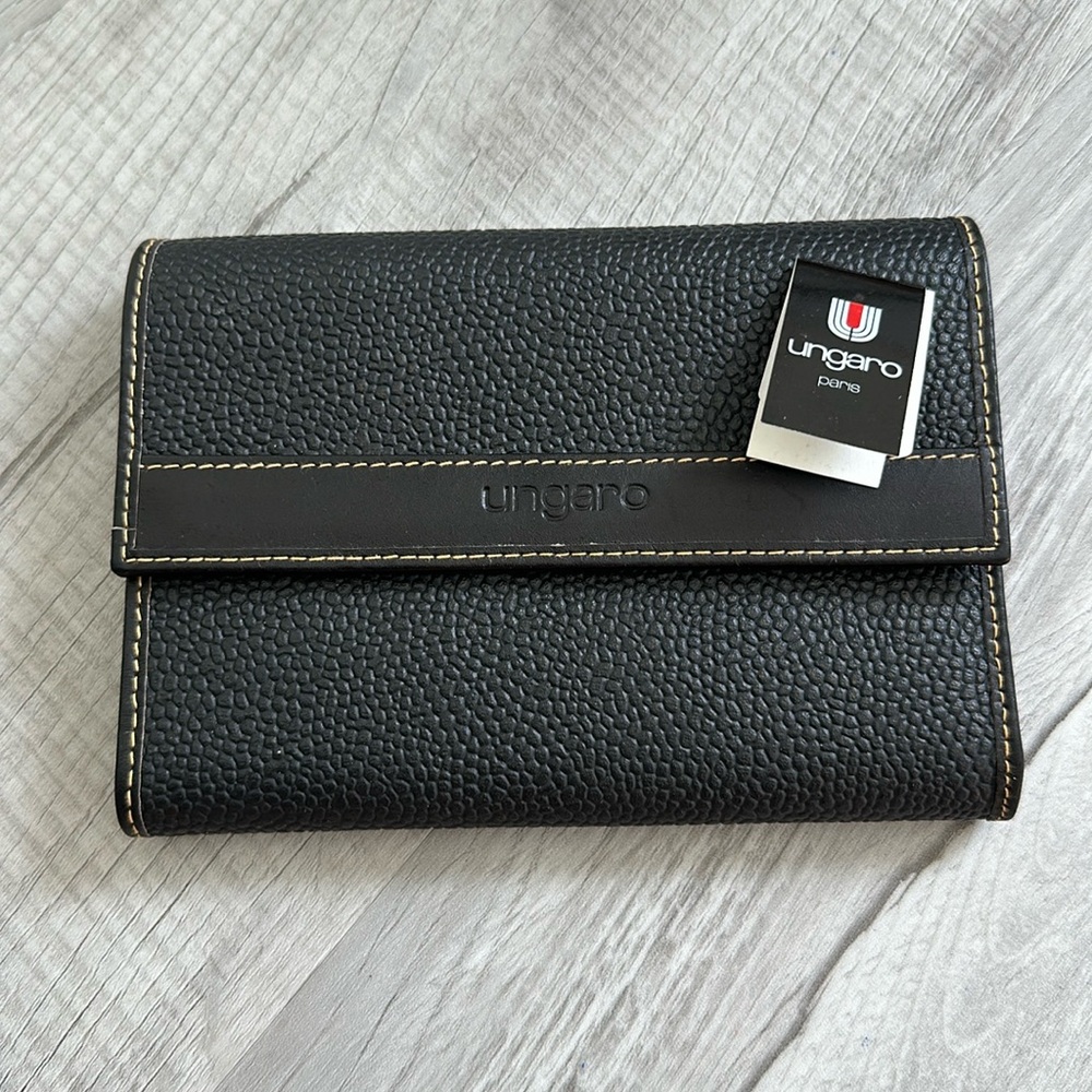 NWT Designer UNGARO Vintage Trifold Black Leather Wallet MADE IN ITALY